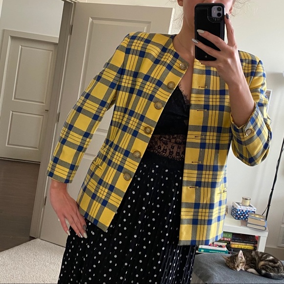 🍁Bright yellow Checkered Wool Jacket - Picture 12 of 13